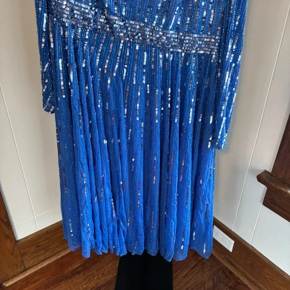 Mac Duggal Light Blue Sequin Tea-Length V-Neck Long Sleeve Formal Dress 22 *NOTE - Picture 5 of 16